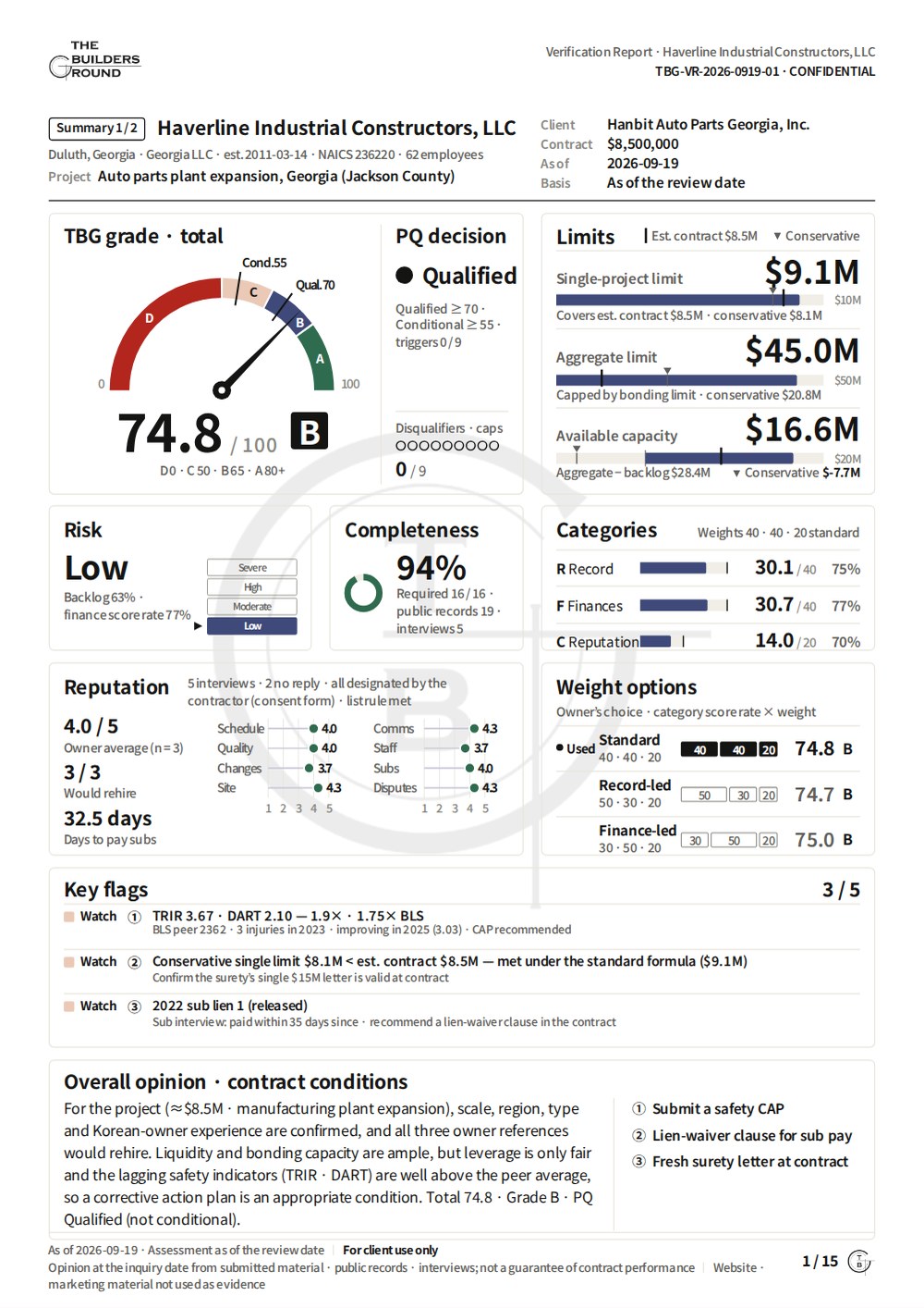 Verification Report summary sample, page 1